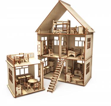 Конструктор-кукольный домик из дерева ХэппиДом "Коттедж с пристройкой и мебелью"