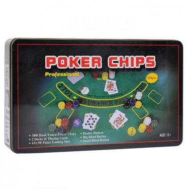 Набор покера на 300 фишек в жестяной коробке с двумя колодами и сукном