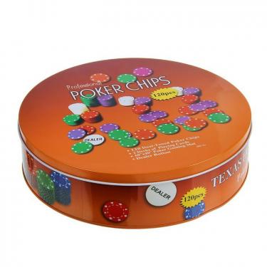 Набор покера на 120 фишек в жестяной коробке с двумя колодами и сукном (красный)