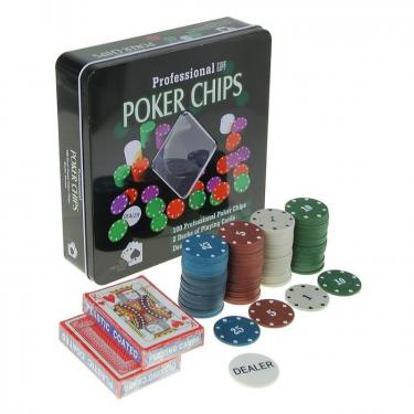 Набор покера на 100 фишек в жестяной коробке с двумя колодами