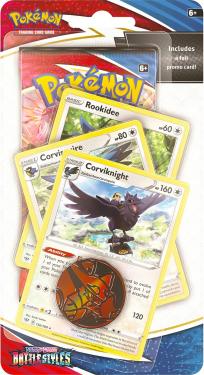 Pokemon: Премиум-блистер издания Sword and Shield: Battle Styles (бустер + карты Rookidee, Corvisquire, Corviknight + монетка)