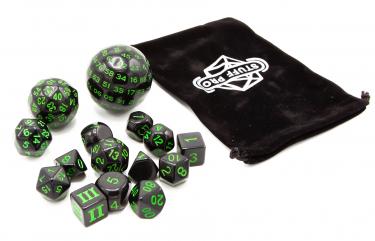 Набор из 15 кубиков Stuff-Pro для настольных ролевых игр с мешочком (чёрный зелёный)